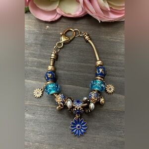 Charm Bracelet Gold Tone Blue Sunflower, Catherine Malandrino